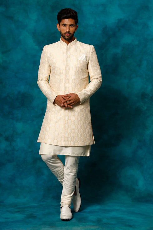 VASTRAMAY Men's Beige Imported Jacquard Indo With Kurta Pyjama Set
